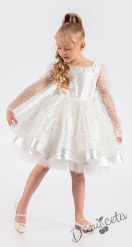 Официална детска рокля в бяло в брокат с дълъг ръкав Естел 1