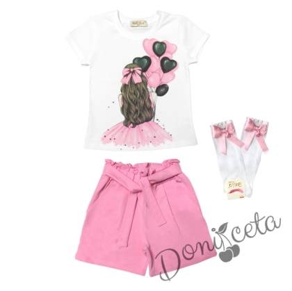 Комплект за момиче от тениска в бяло с балони и къси панталони в розово и чорапи 1