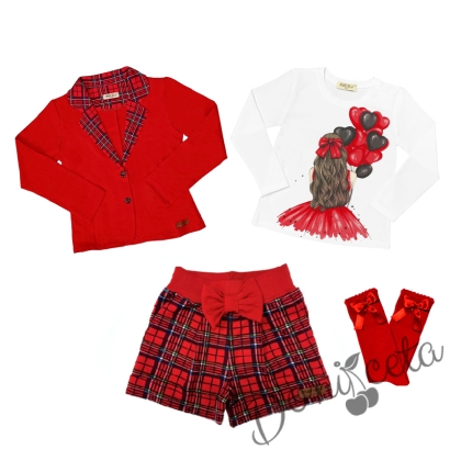 Комплект за момиче от блуза в бяло с балони, къси панталони, сако каре и чорапи в червено 1
