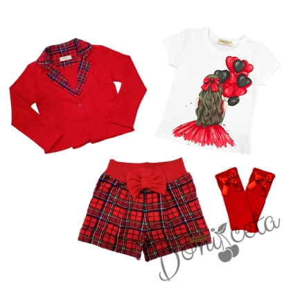 Комплект за момиче от тениска в бяло с балони,къси панталони, сако каре чорапи в червено 1