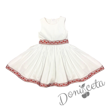 Детска рокля без ръкав с фолклорни/етно мотиви тип носия в бяло с рози 1