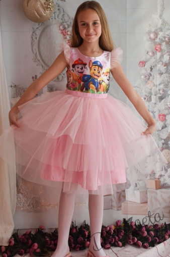 Официална детска рокля с тюл в розово с Пес Патрул 1