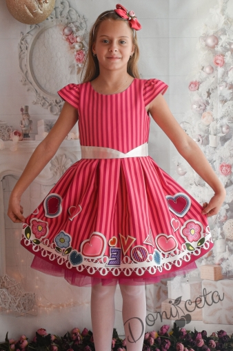 Официална детска рокля с тюл в розово и малина с надпис LOVE 1