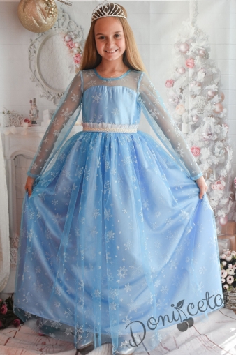 Официална детска дълга рокля в светлосиньо с дълъг ръкав на снежинки 1