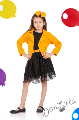 Детски комплект за момиче от 4 части- пола, сако, тениска и диадема за коса в горчица Роус 1