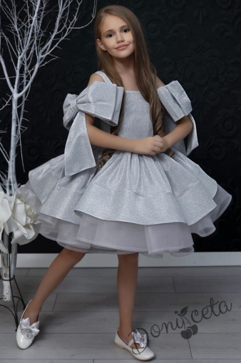 Официална детска рокля в сребристо с панделка за коса  Анастасия 1
