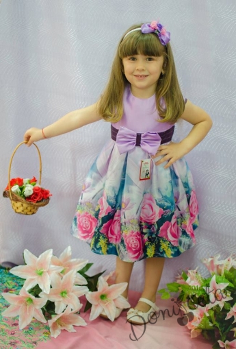Официална детска рокля в лилаво с къс ръкав с цветя 