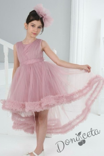 Официална детска дълга рокля в цвят пепел от рози с тюл без ръкав и шлейф Виола 1
