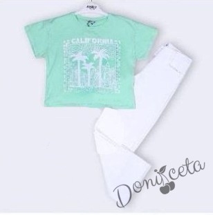 Комплект от блуза в тюркоаз с палми и панталон в бяло California 1