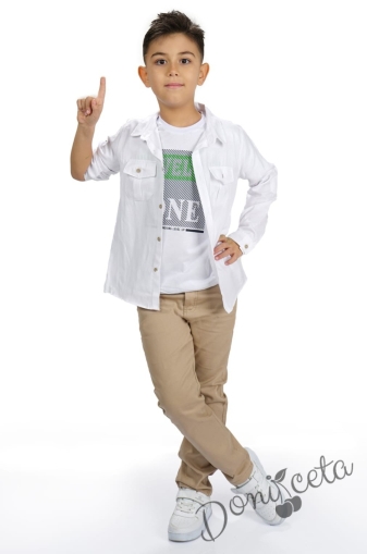 Комплект за момче от 3 части - тениска и риза в бяло и панталон в бежово 1