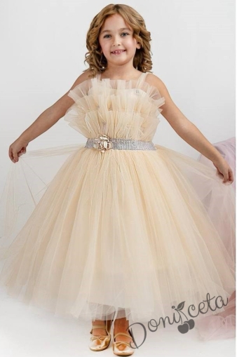 Официална детска дълга рокля в бежово с тюл без ръкав Теона 1
