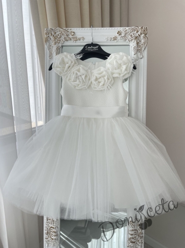 Официална детска/бебешка рокля без ръкав с тюл и рози Contrast в бяло 1