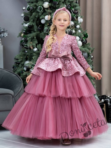 Официална детска дълга рокля в пепел от рози с дълъг ръкав и пайети Стефанела 1