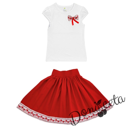 Комплект за момиче от 2 части- пола в червено и блуза с къс ръкав с етно/фолклорни мотиви 4343343421 1