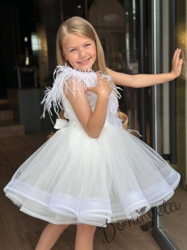 Официална детска рокля  в бяло Пепелота с пера