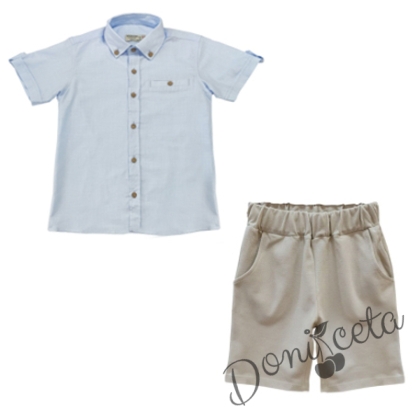 Летен детски комплект от риза с къс ръкав в светлосиньо и панталони в бежово 1