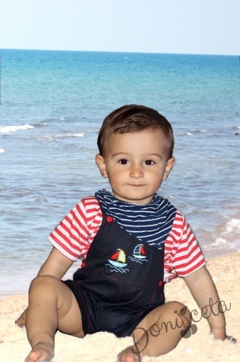 Комплект от бебешки гащеризонче за бебе момче с тениска в червено и синьо