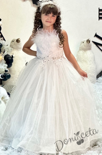 Formal children's long dress in white sleeveless with a tiara and a hoop underneath the skirt Sherry