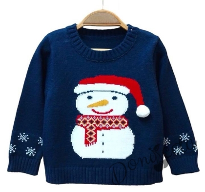 Knitted Christmas sweater in blue with a snowman