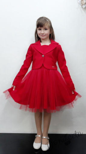 Official children's dress with long sleeves in red with lace and tulle