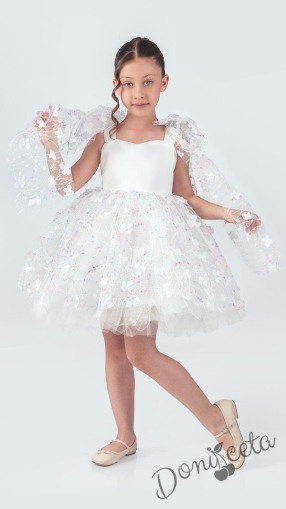 Детска официална рокля в бяло с панделки по ранете и тюл на цветя и шарени детайли Роузи 2