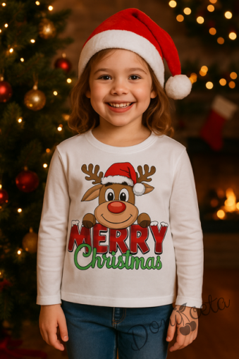 Коледна неватирана блуза в бяло с елен и надпис Merry Chrismas