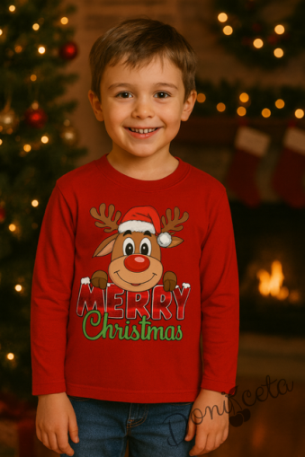 Детска коледна неватирана блуза в червено с елен и  надпис Merry Chrismas