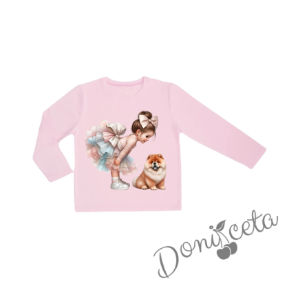 Детска блуза в розово с дълъг ръкав за момиче с картинка на момиченце и куче 1