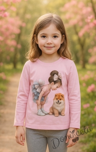 Детска блуза в светлолилаво с дълъг ръкав за момиче с картинка на момиченце и куче