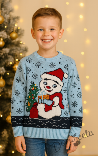 Детски коледен пуловер със снежен човек и елхичка в светлосиньо 3