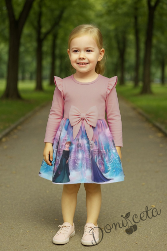 Детска рокля с дълъг ръкав в пепел от рози с къдрички и с картинка на Елза и Анна и панделка