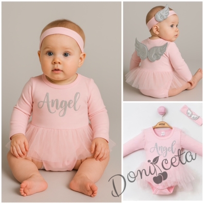 Бебешко боди-рокля за момиче с дълъг ръкав в розово с пола от тюл и лента за глава