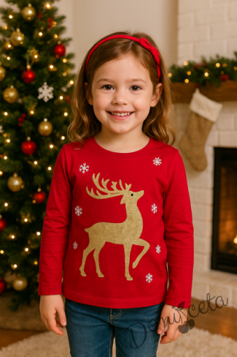 Детска коледна ватирана блуза в червено с еленче и снежинки