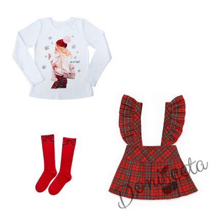 Комплект за момиче от 3 части-блуза в бяло с  картинка, сукман в каре и червени чорапки с панделка 1