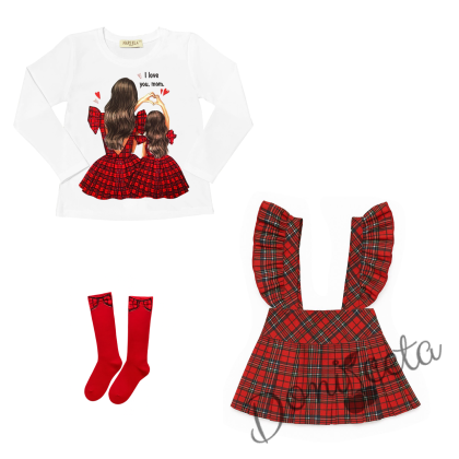 Комплект за момиче от 3 части-блуза в бяло с коледна картинка, сукман в червено и червени чорапки с панделка1