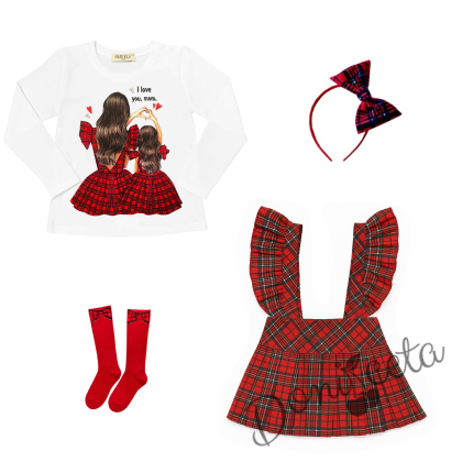 Комплект за момиче от 4 части-блуза в бяло с коледна картинка, сукман в червено, червени чорапки и диадема в каре1 