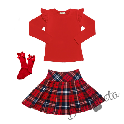 Комплект за момиче от 3 части-пола Вени в каре, блуза с дълъг ръкав в червено с къдрички и чорапи с панделка 1