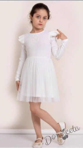 Детска рокля в бяло с дълъг ръкав с пеперуда и тюл