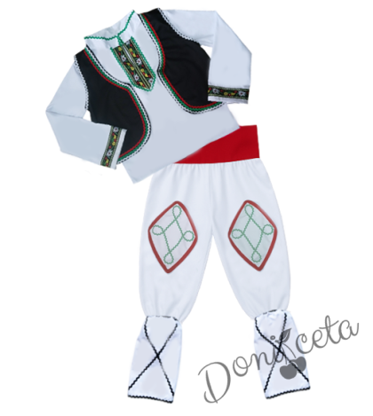 Мъжка или детска народна народна носия за момче 101 с фолклорни/етно мотиви, с елек и пояс в червено и гети 1