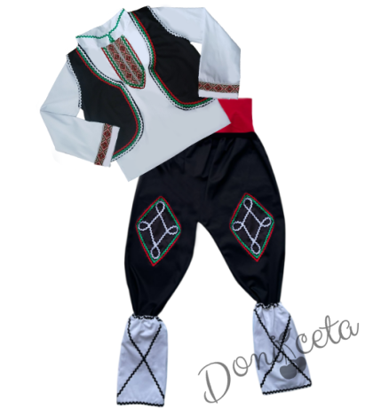 Мъжка или детска народна народна носия за момче 102 с фолклорни/етно мотиви, с елек и пояс в червено и гети 1