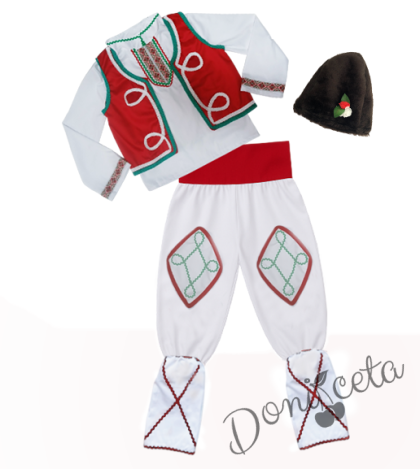 Мъжка или детска народна носия за момче 97 с калпак с фолклорни/етно мотиви, с елек и пояс в червено, гети и калпак 1