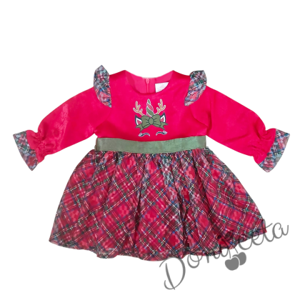 Детска коледна рокля с дълъг ръкав в червено каре с каре 1