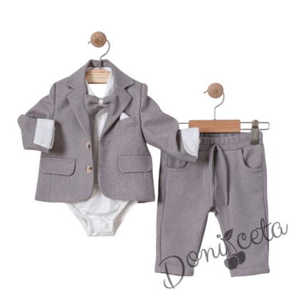 Бебешки комплект от 4 части за момче-сако в сиво, боди-риза в бяло и панталон в сиво с папийонка 1