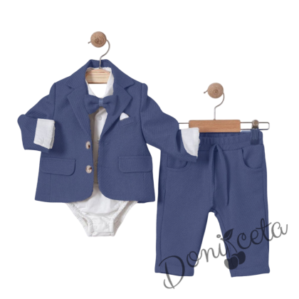 Бебешки комплект от 4 части за момче-сако в синьо, боди-риза в бяло и панталон в синьо с папийонка