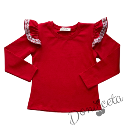 Детска блуза с дълъг ръкав в червено с къдрици и фолклорни/етно мотивиж 1