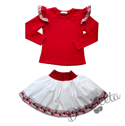Комплект за момиче от пола в червено и блуза в червено с къдрици с фолклорни/етно мотиви 1