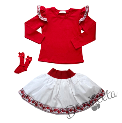 Комплект за момиче от 3 части-пола в бяло, блуза в червено с къдрици с фолклорни/етно мотиви и чорапи с панделка 1
