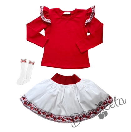 Комплект за момиче от 3 части-пола в бяло, блуза в червено с къдрици с фолклорни/етно мотиви и чорапи в бяло с панделка 1