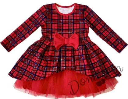 Официална бебешка/детска рокля Надежда в каре с дълъг ръкав и тюл в червено