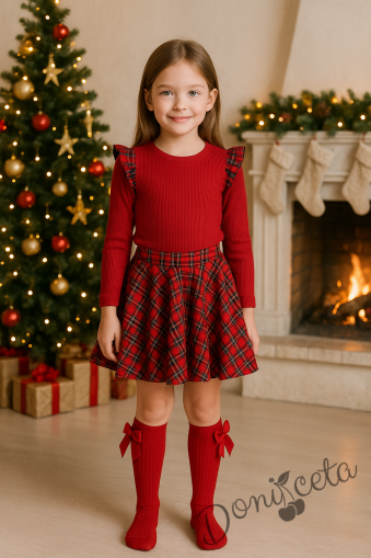 Комплект от 2 части за момиче-пола клош от трико Роси в каре и блуза с дълъг ръкав в червено с къдрички в каре